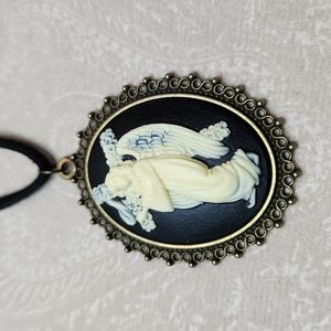 NEW! Angel with cross cameo pendant on satin cord Cream Black